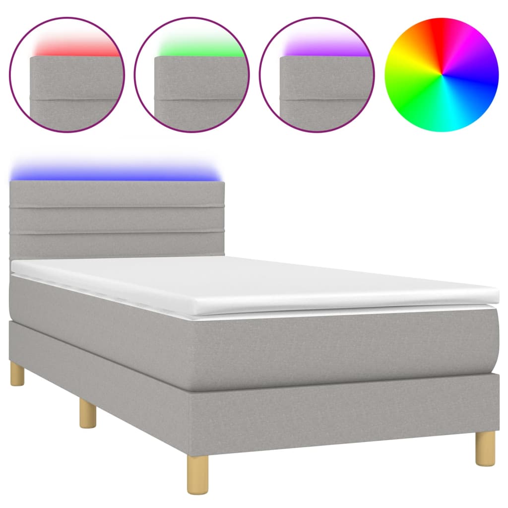Krevet box spring s madracem LED svjetlosivi 90x190 cm tkanina