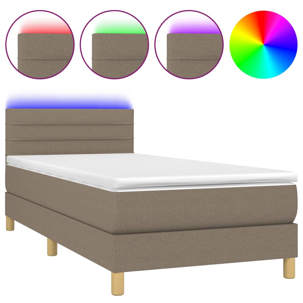 Krevet box spring s madracem LED smeđesivi 90x200 cm tkanina