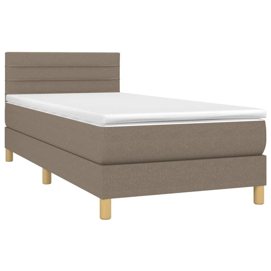 Krevet box spring s madracem LED smeđesivi 90x200 cm tkanina