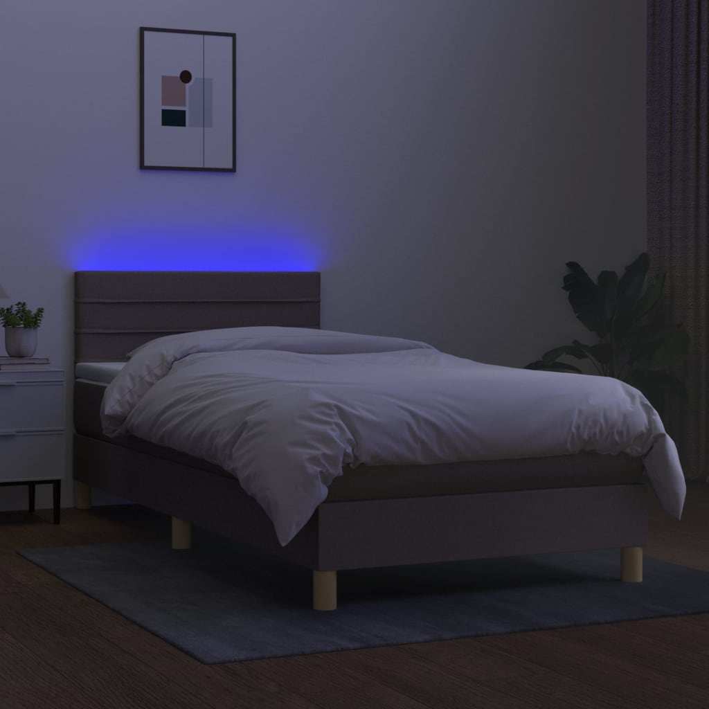 Krevet box spring s madracem LED smeđesivi 90x200 cm tkanina
