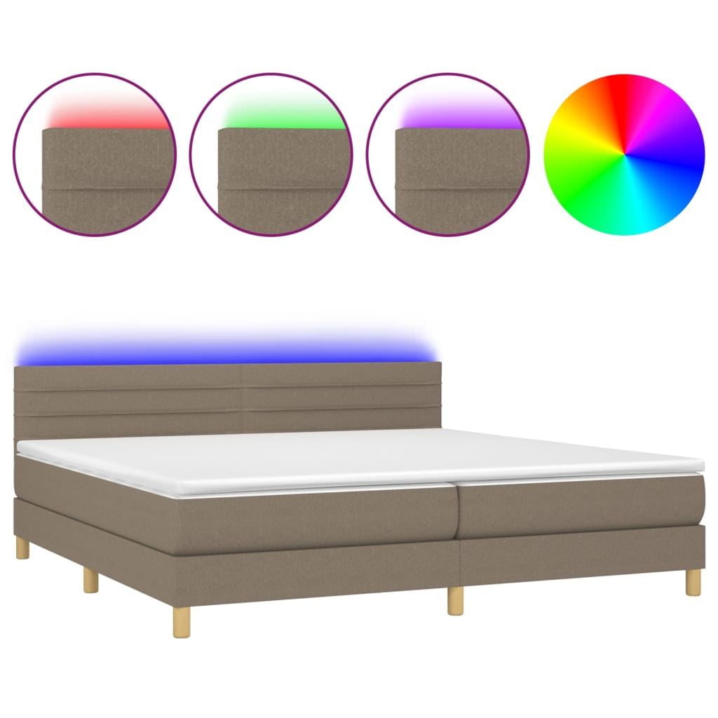 Krevet box spring s madracem LED smeđesivi 200x200 cm tkanina