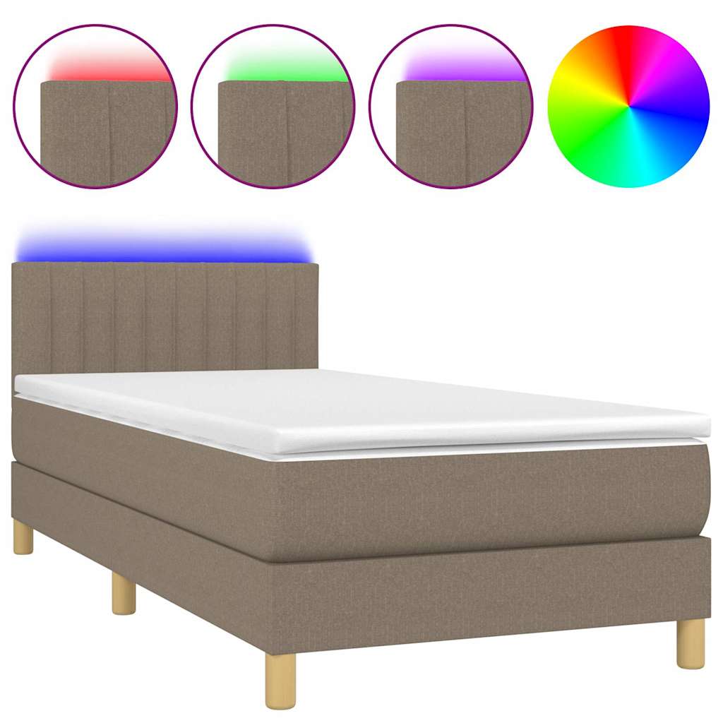 Krevet box spring s madracem LED smeđesivi 90x190 cm tkanina
