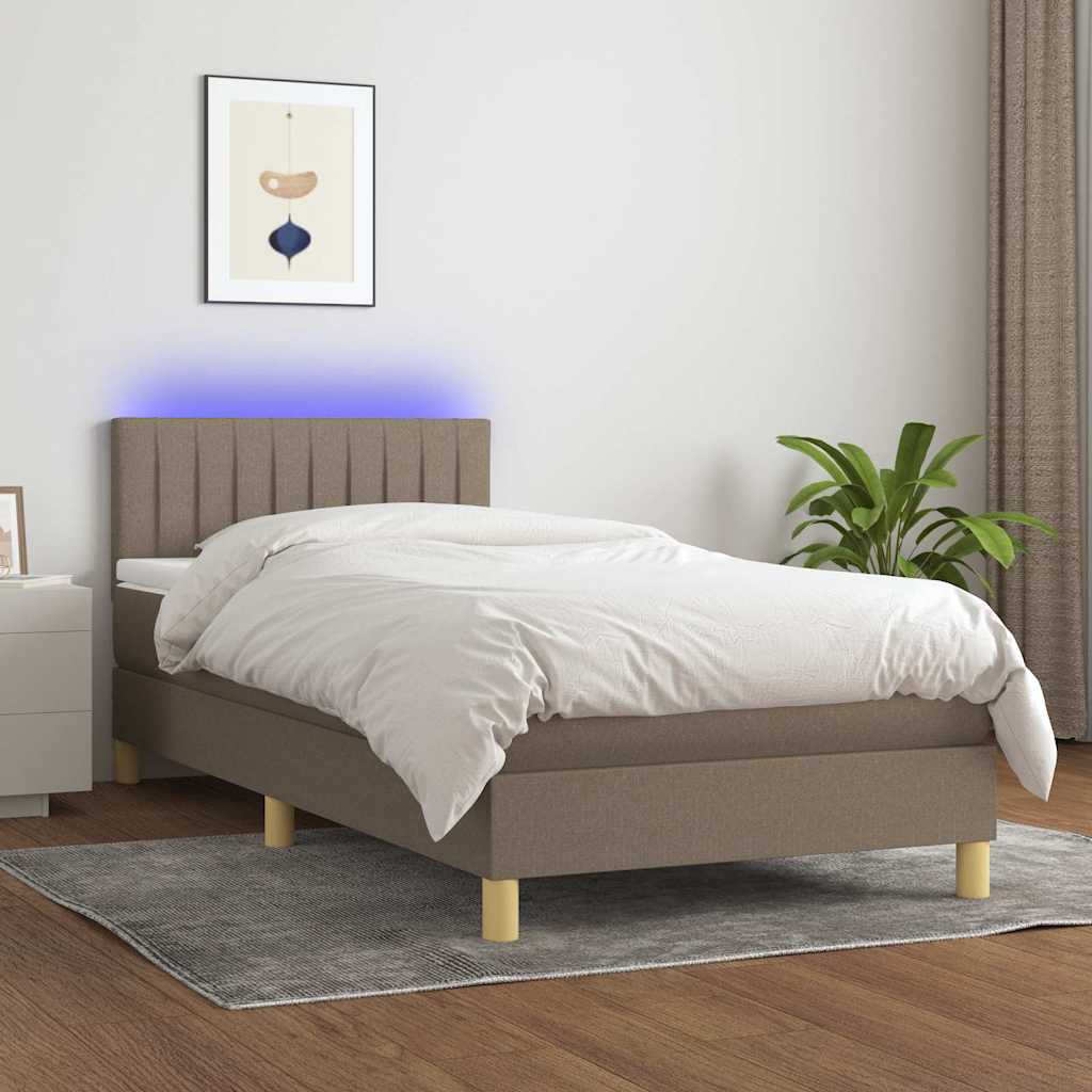 Krevet box spring s madracem LED smeđesivi 90x190 cm tkanina