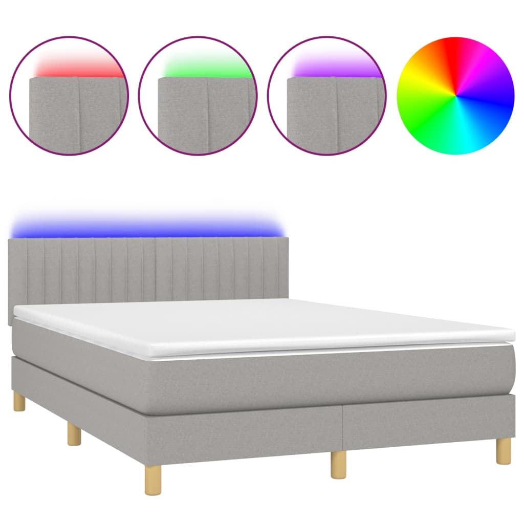 Krevet box spring s madracem LED svjetlosivi 140x200 cm tkanina