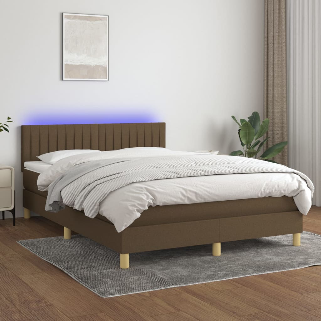Krevet box spring s madracem LED tamnosmeđi 140x200 cm tkanina