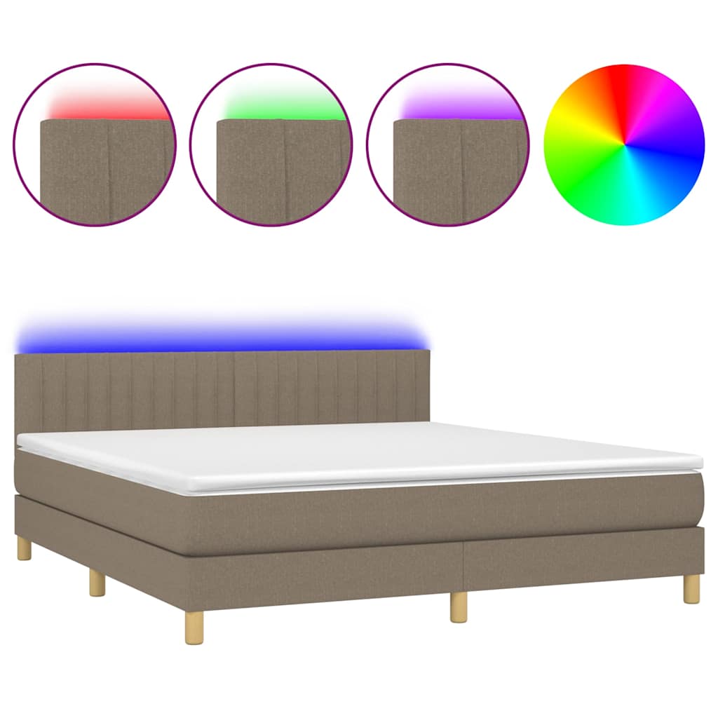 Krevet box spring s madracem LED smeđesivi 180x200 cm tkanina