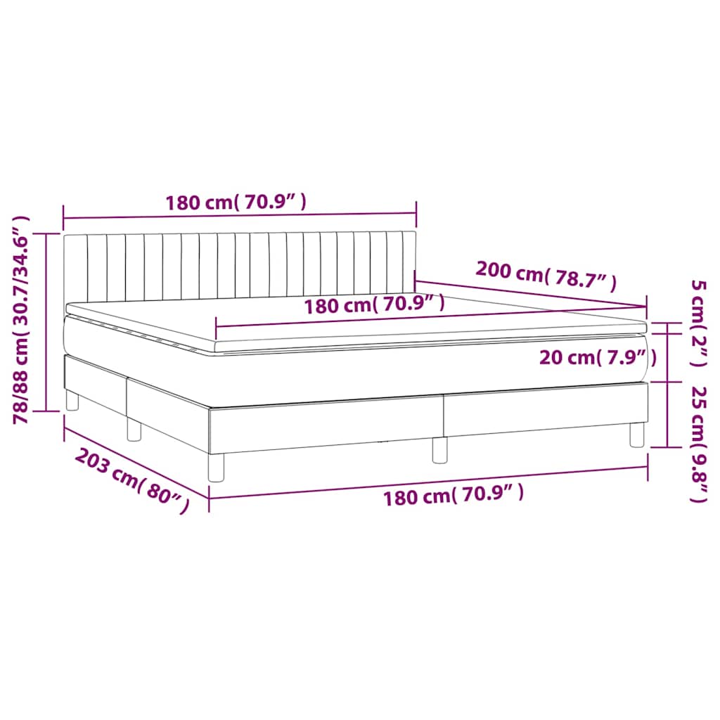 Krevet box spring s madracem LED smeđesivi 180x200 cm tkanina