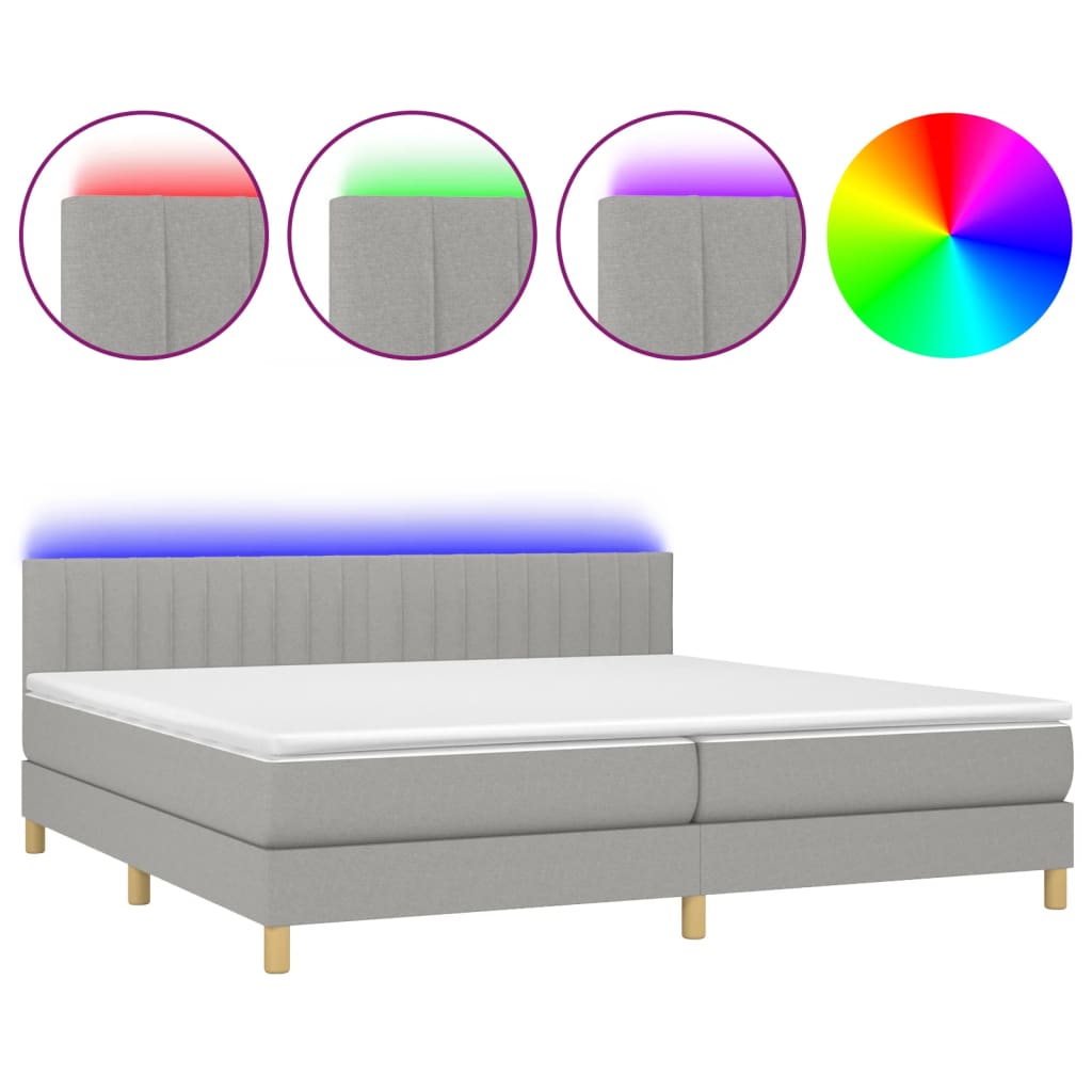 Krevet box spring s madracem LED svjetlosivi 200x200 cm tkanina