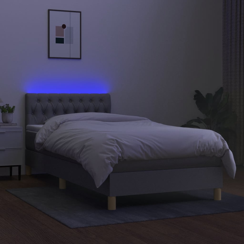 Krevet box spring s madracem LED svjetlosivi 90x200 cm tkanina