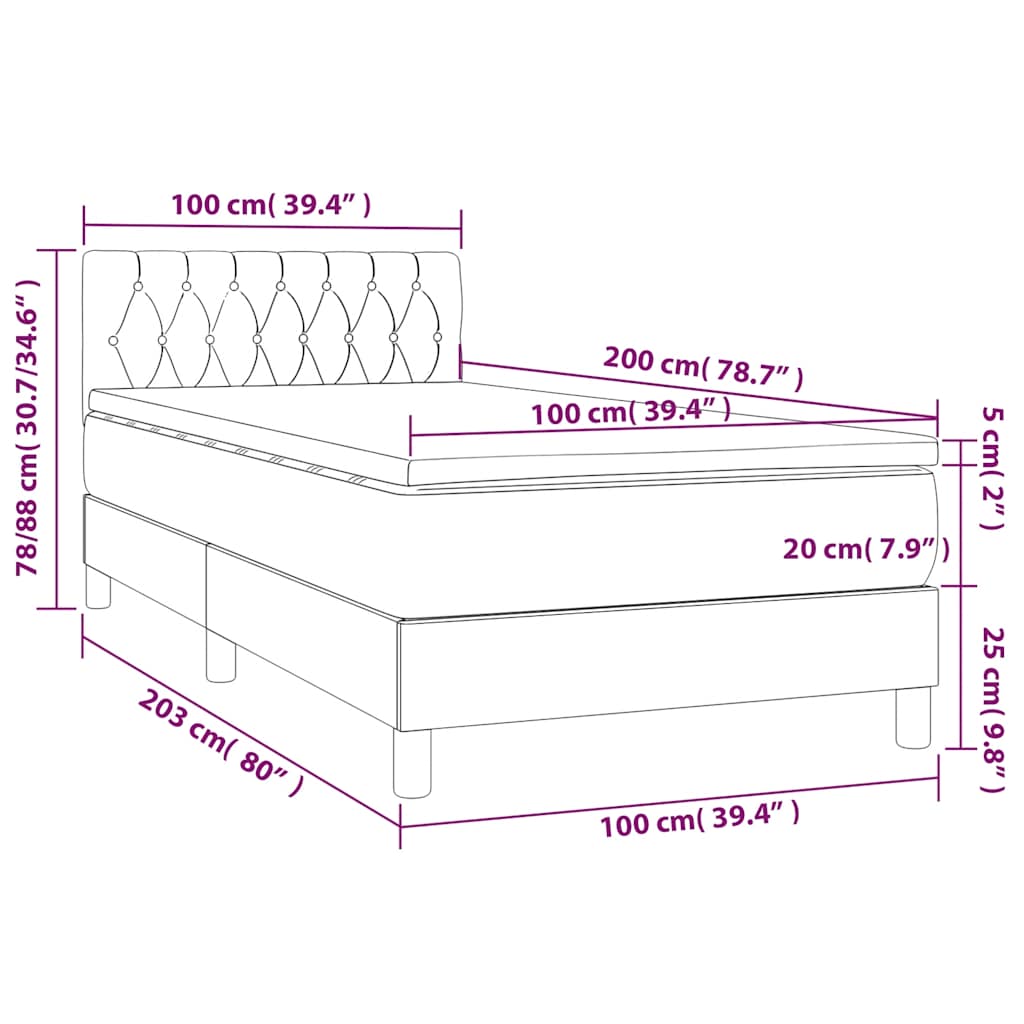 Krevet box spring s madracem LED crni 100x200 cm od tkanine