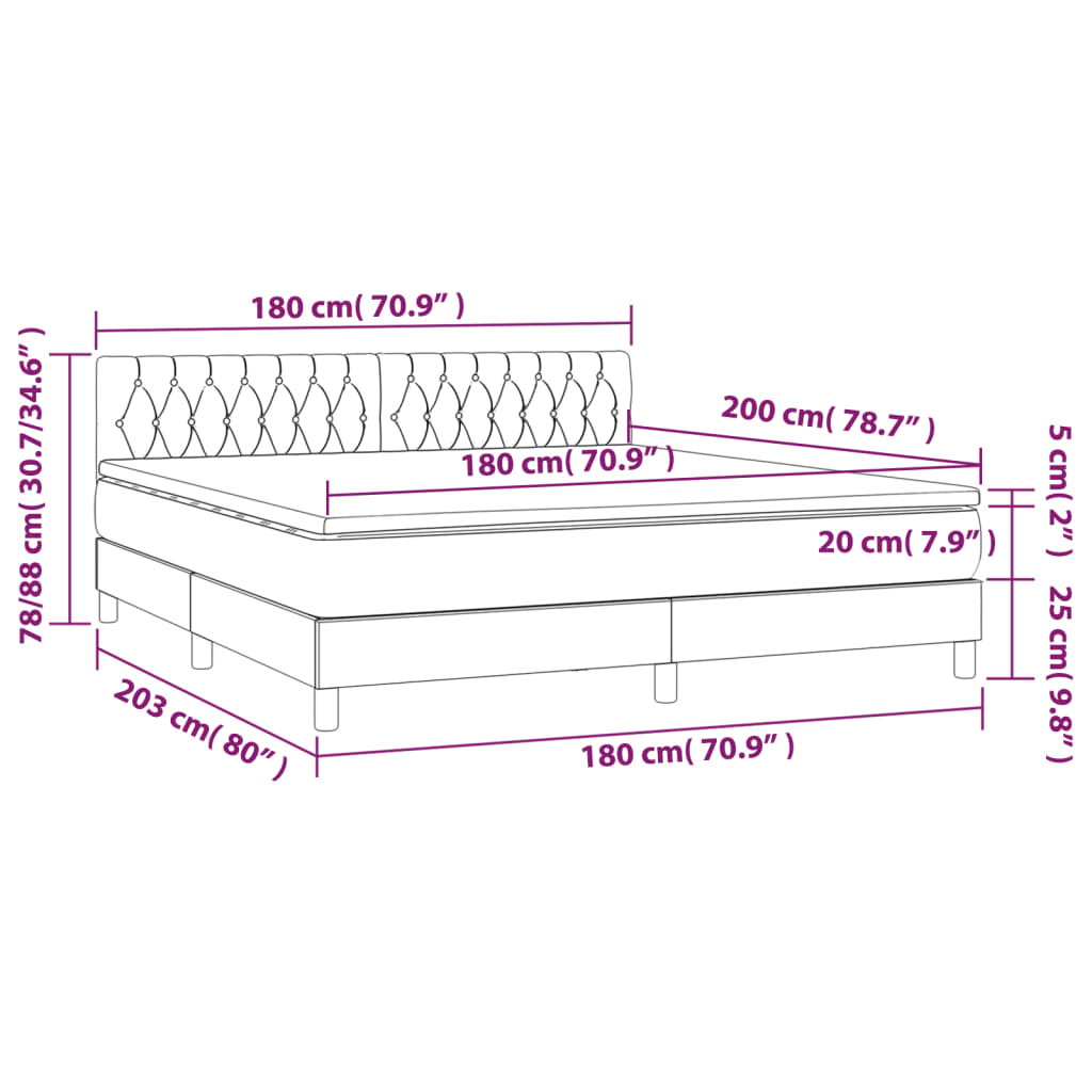Krevet box spring s madracem LED smeđesivi 180x200 cm tkanina