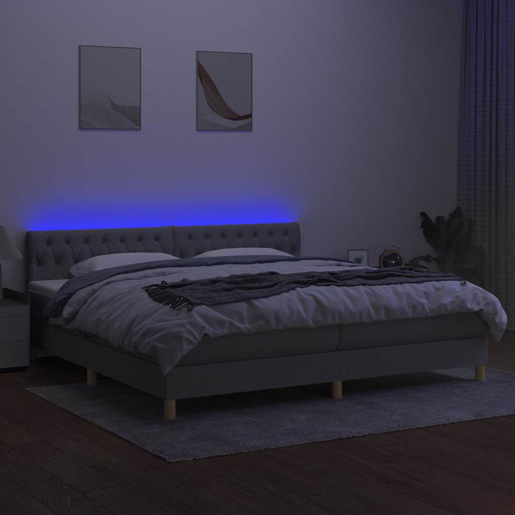Krevet box spring s madracem LED svjetlosivi 200x200 cm tkanina