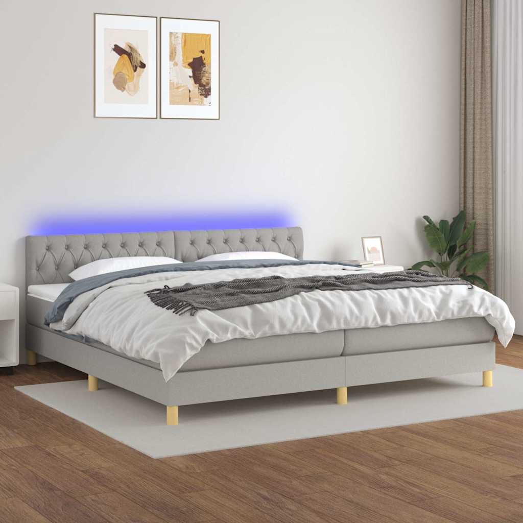 Krevet box spring s madracem LED svjetlosivi 200x200 cm tkanina