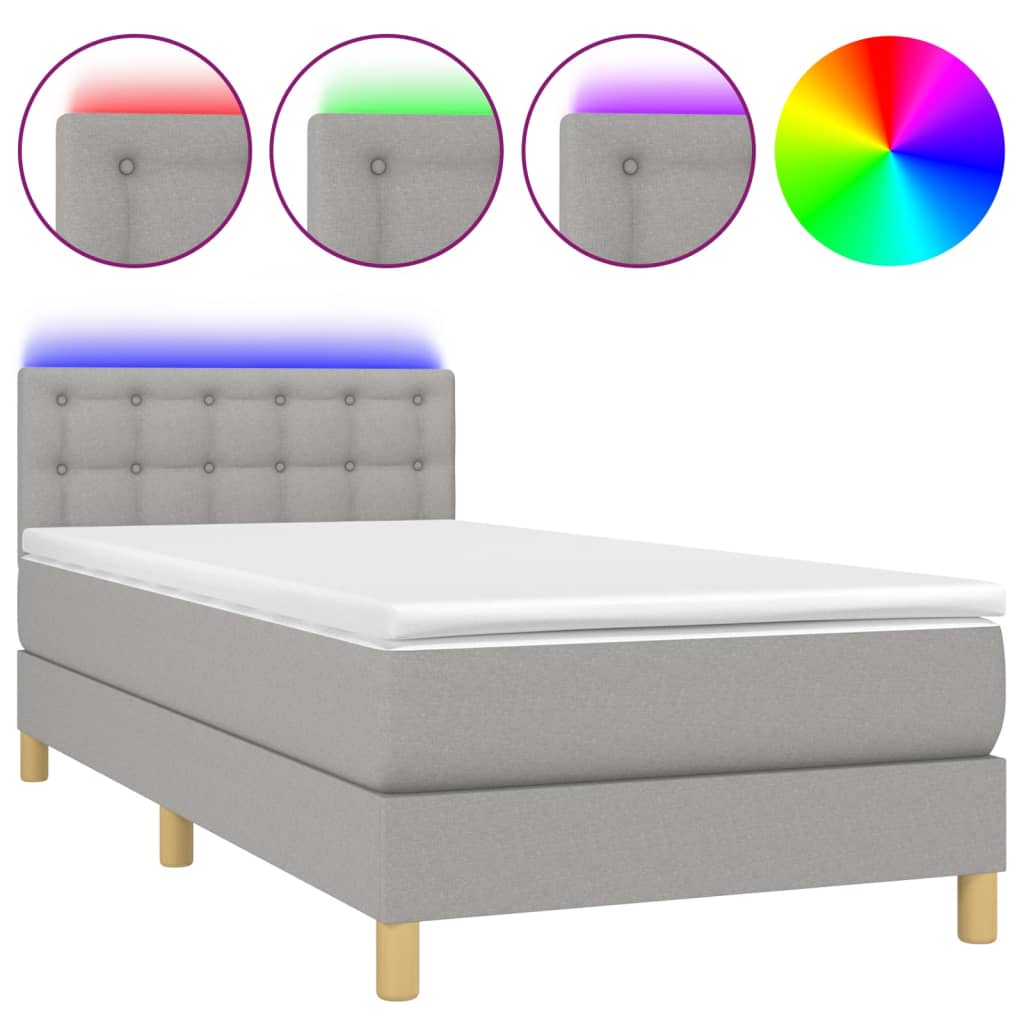 Krevet box spring s madracem LED svjetlosivi 90x190 cm tkanina