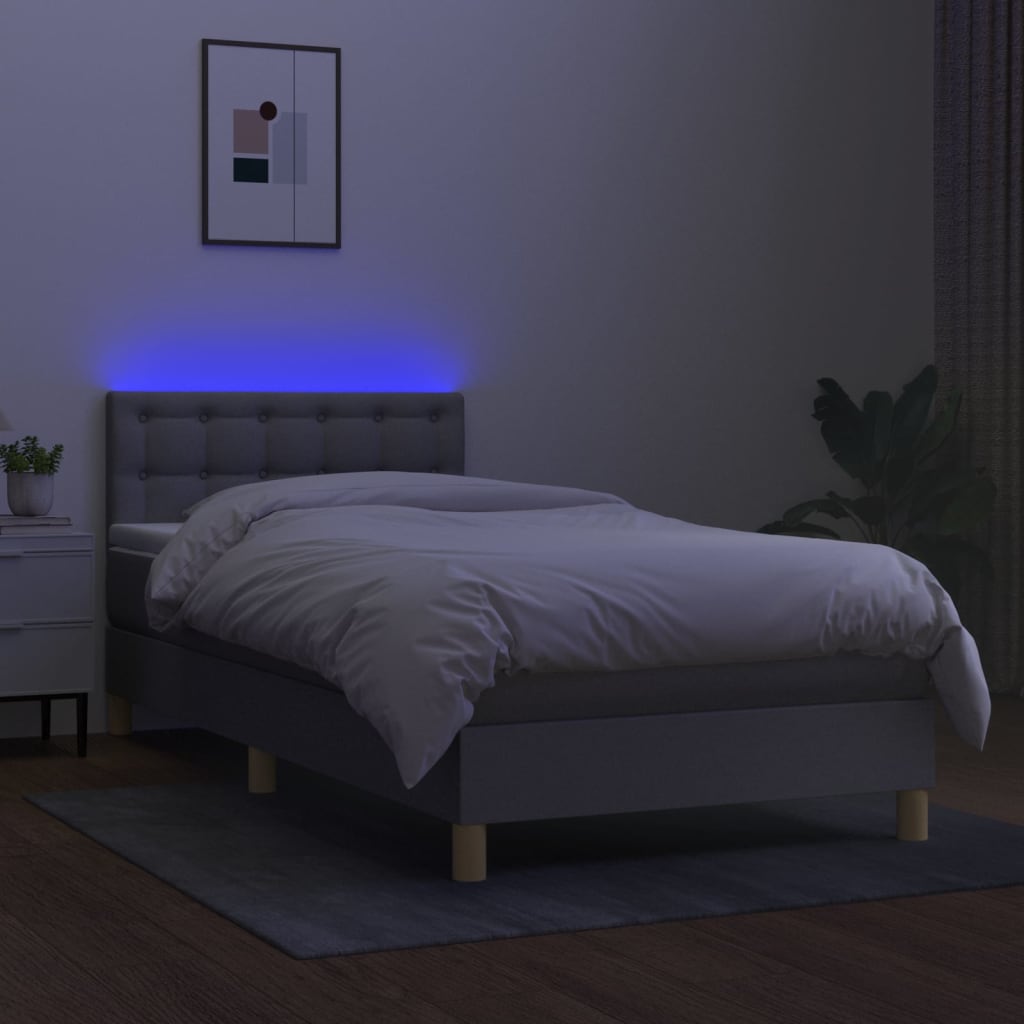 Krevet box spring s madracem LED svjetlosivi 90x200 cm tkanina