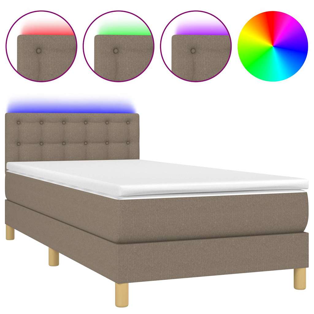 Krevet box spring s madracem LED smeđesivi 90x200 cm tkanina