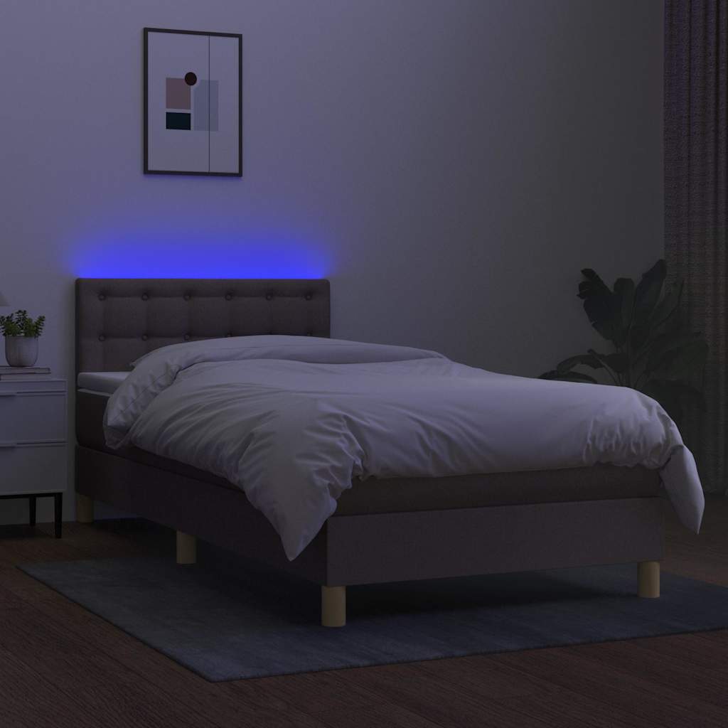 Krevet box spring s madracem LED smeđesivi 90x200 cm tkanina