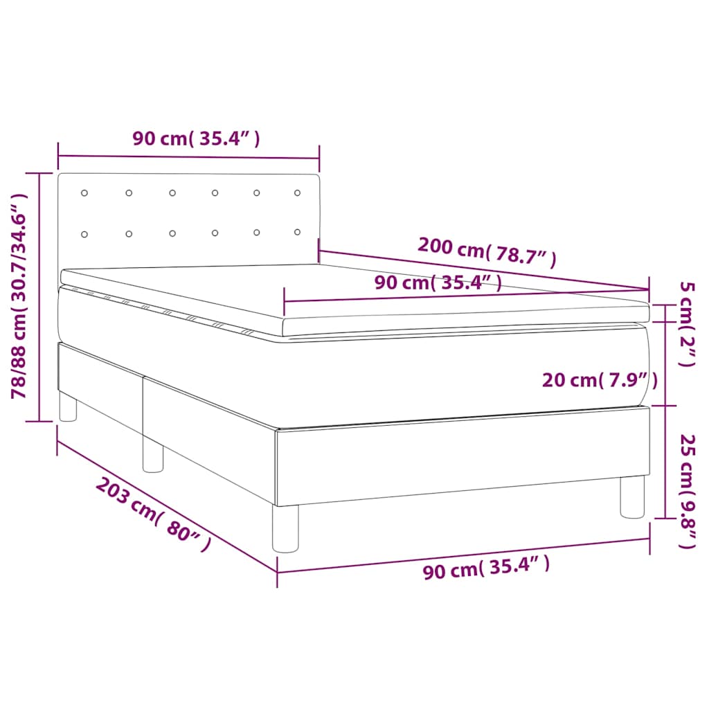 Krevet box spring s madracem LED smeđesivi 90x200 cm tkanina