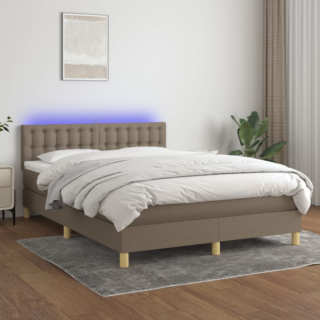 Krevet box spring s madracem LED smeđesivi 140x190 cm tkanina