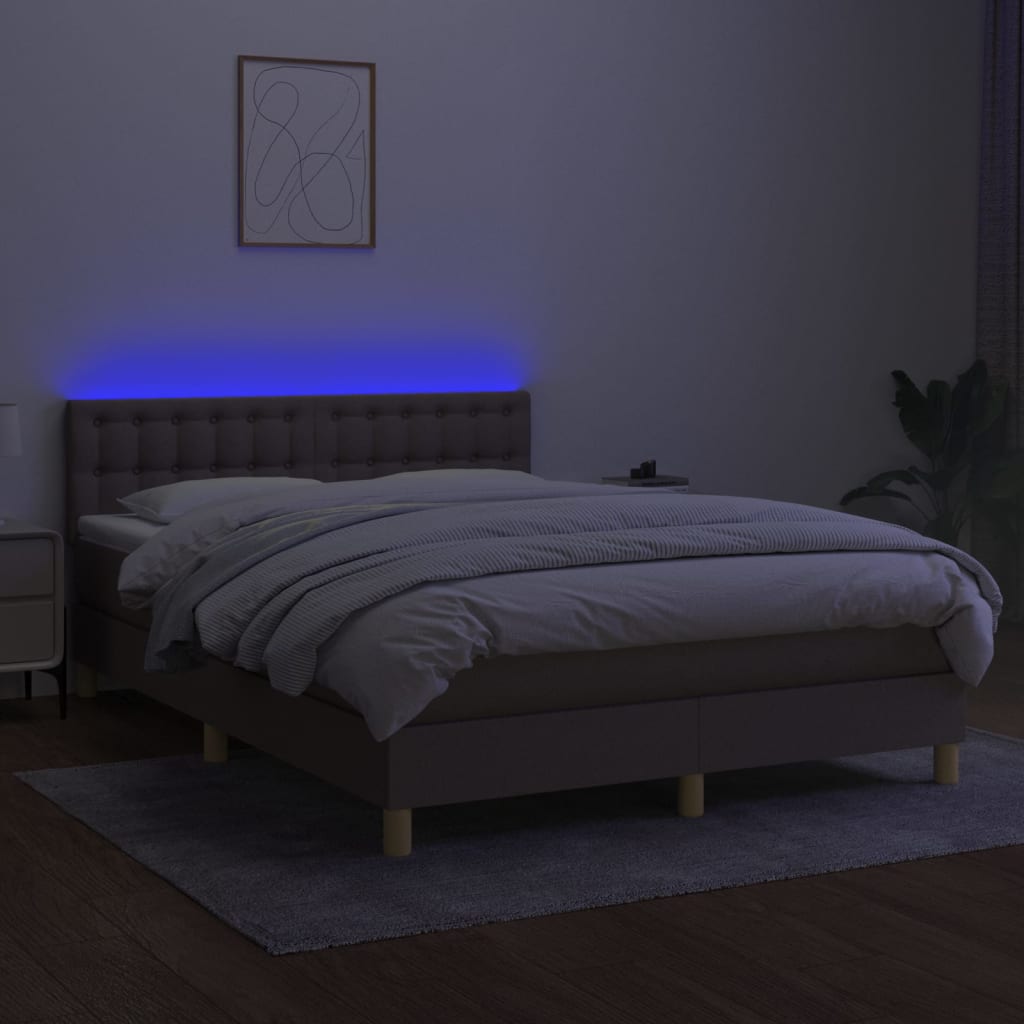 Krevet box spring s madracem LED smeđesivi 140x200 cm tkanina