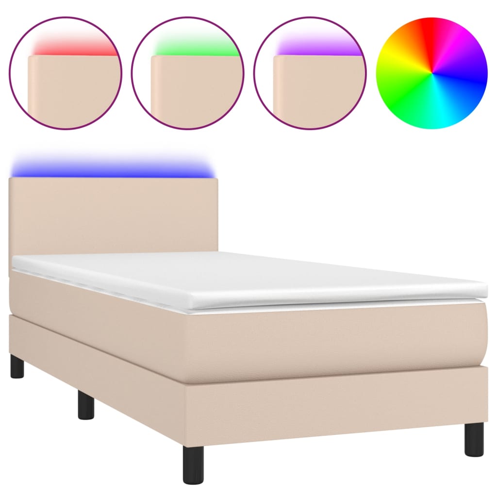 Krevet box spring i madrac LED cappuccino 80x200cm umjetna koža