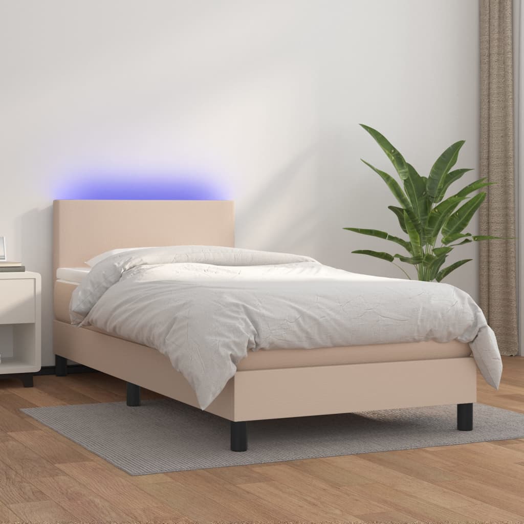 Krevet box spring madrac LED cappuccino 90x190cm umjetna koža