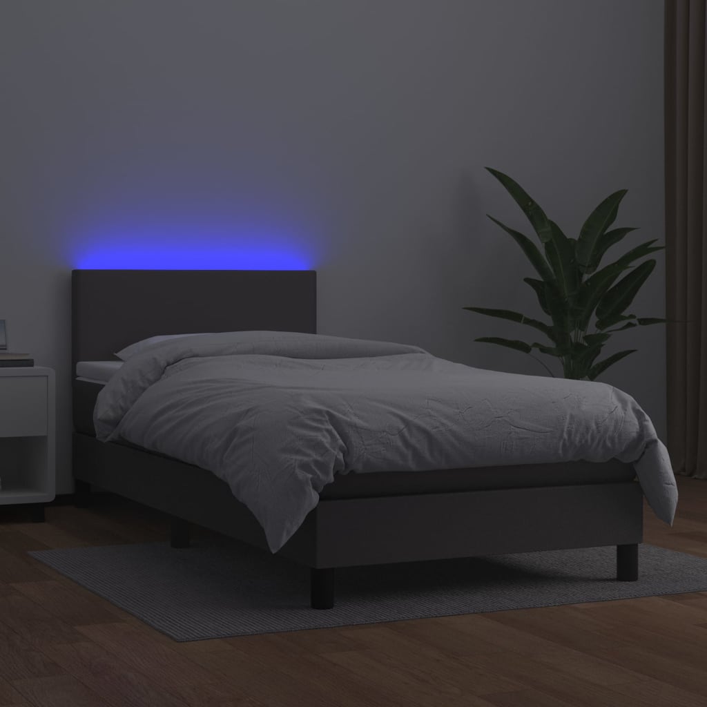 Krevet box spring s madracem LED sivi 90x200 cm od umjetne kože