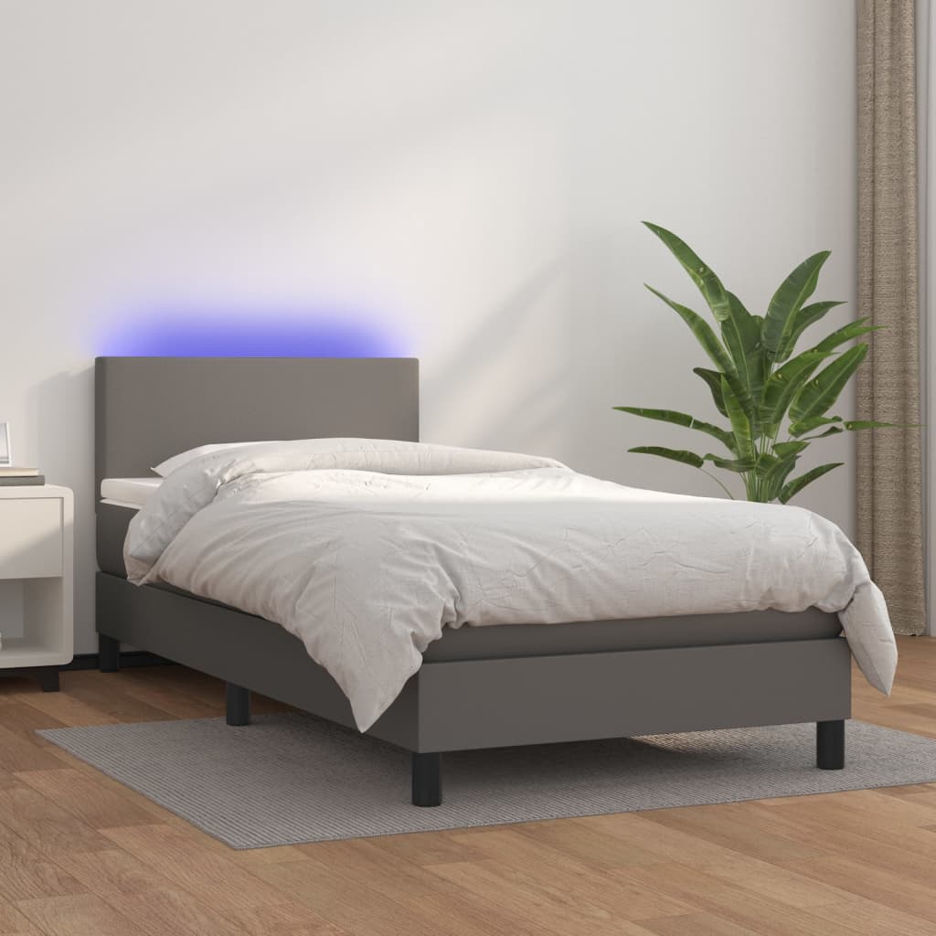 Krevet box spring s madracem LED sivi 100x200cm od umjetne kože