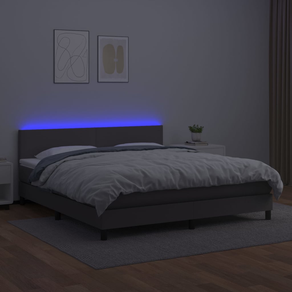 Krevet box spring s madracem LED sivi 160x200cm od umjetne kože