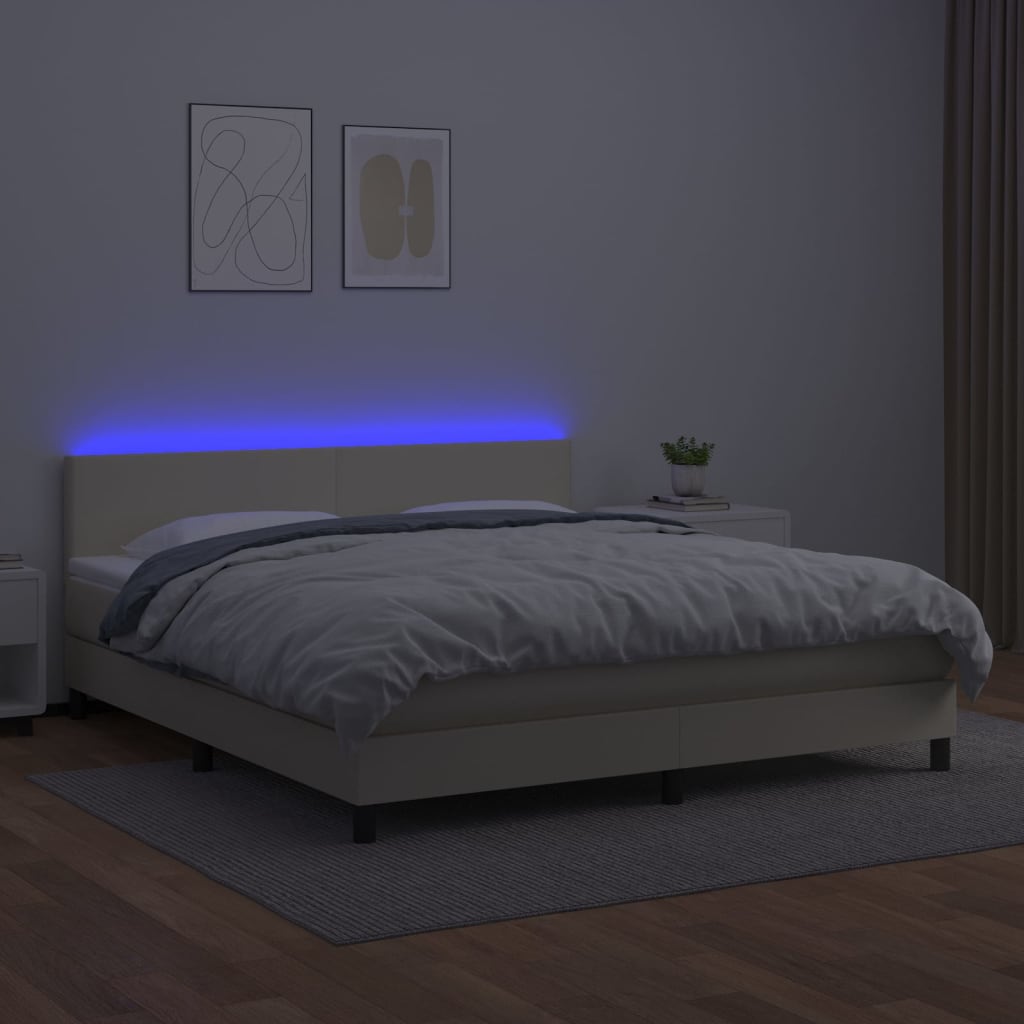 Krevet box spring s madracem LED krem 180x200cm od umjetne kože