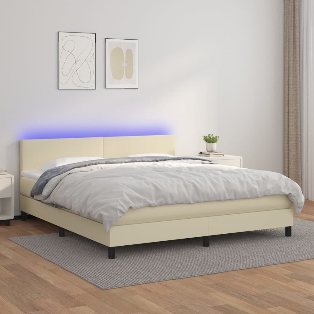 Krevet box spring s madracem LED krem 180x200cm od umjetne kože