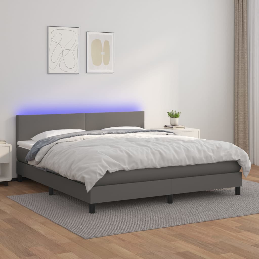 Krevet box spring s madracem LED sivi 180x200cm od umjetne kože