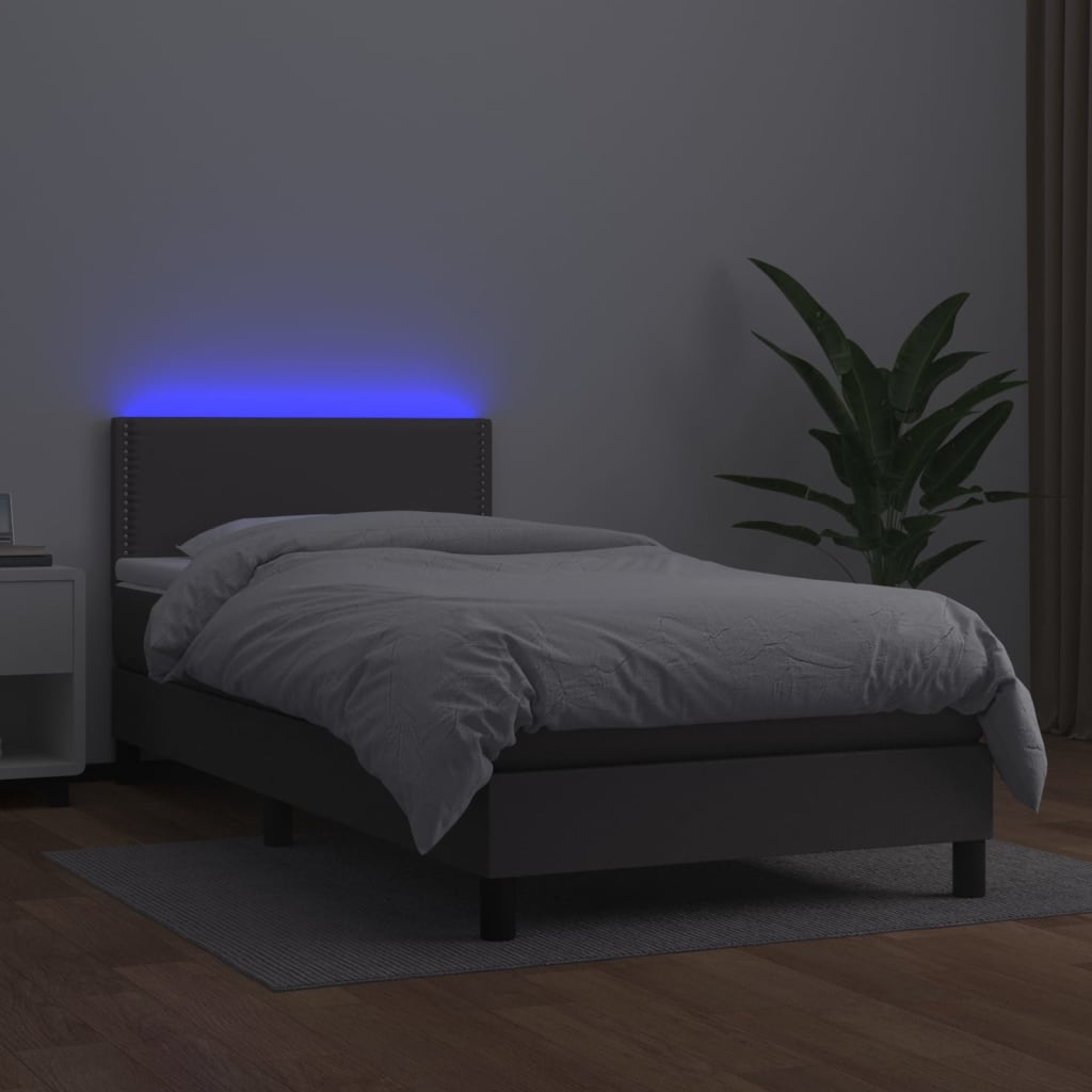 Krevet box spring s madracem LED sivi 100x200cm od umjetne kože