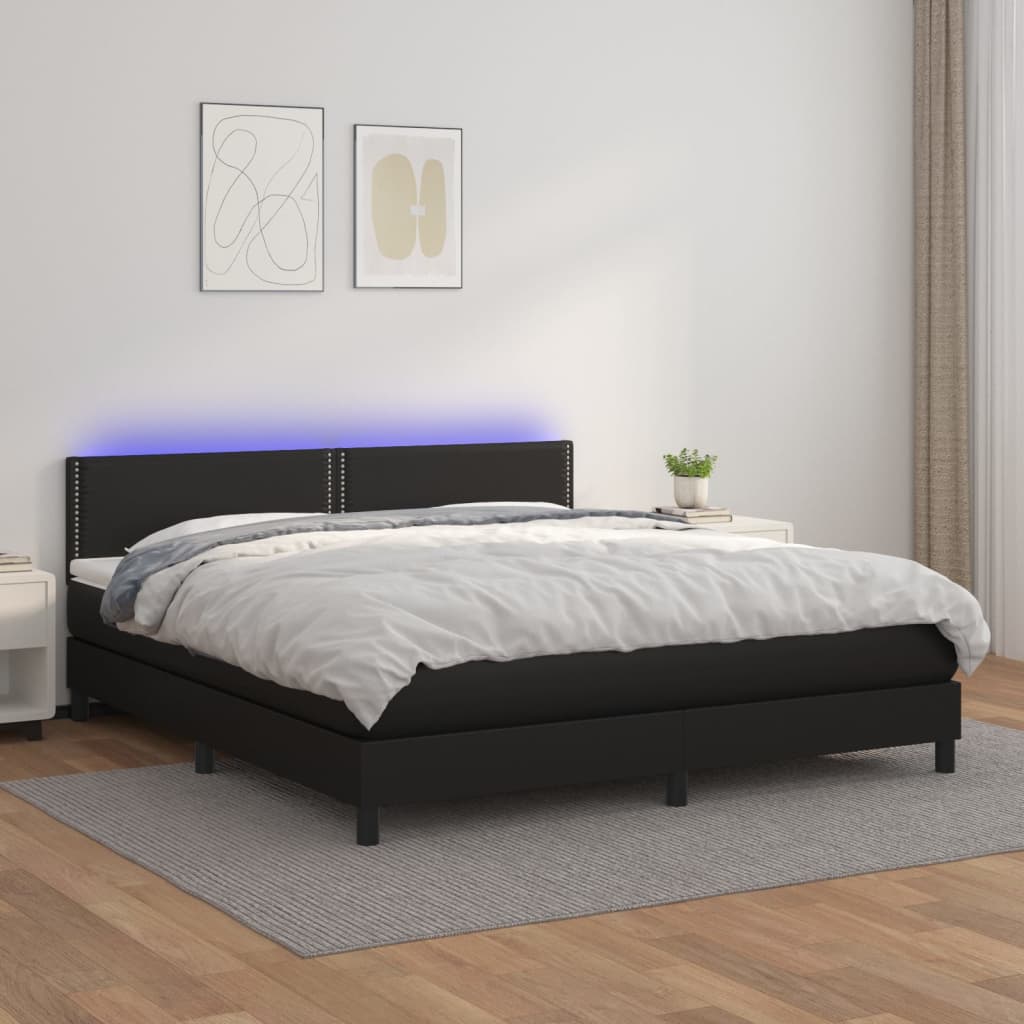 Krevet box spring s madracem LED crni 180x200cm od umjetne kože