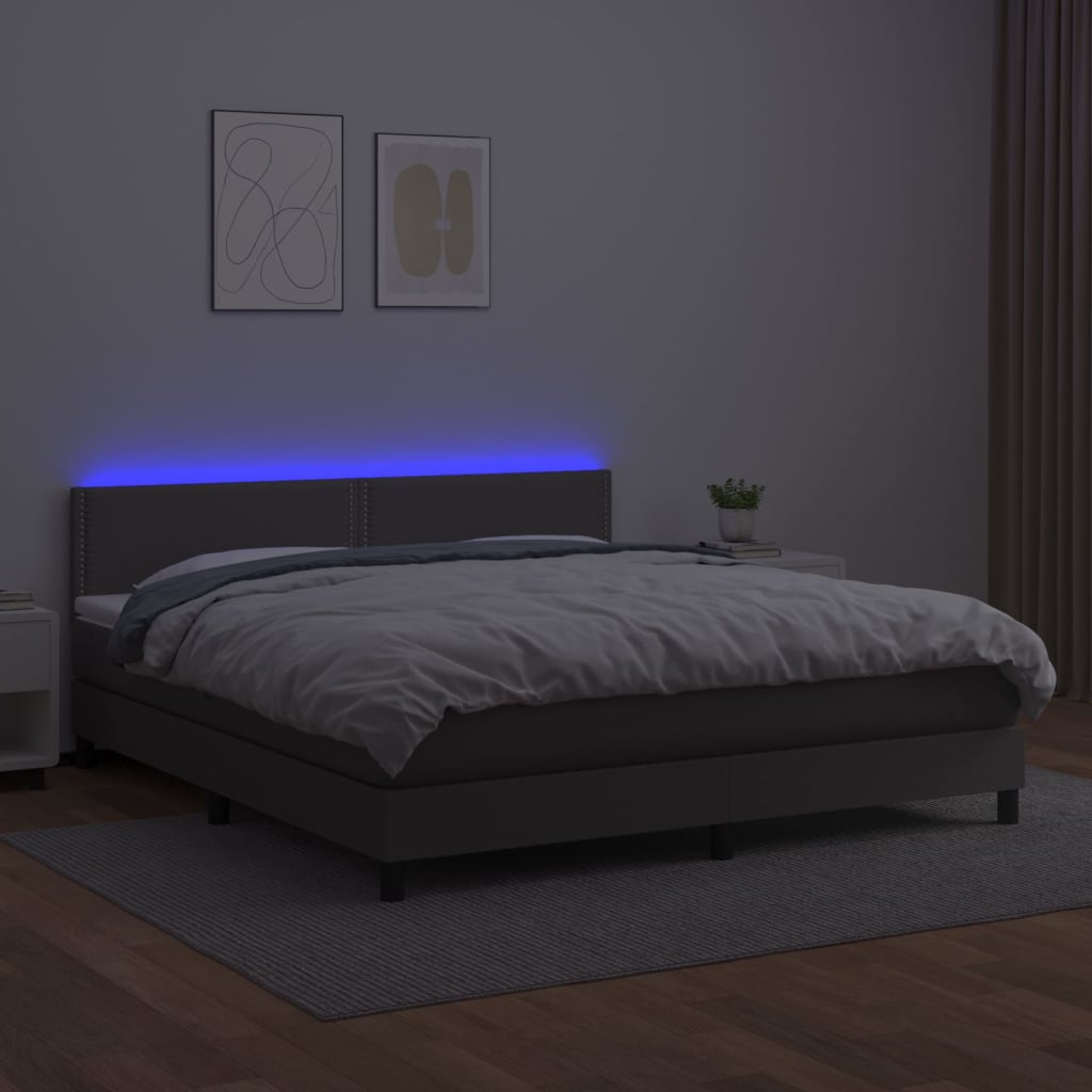 Krevet box spring s madracem LED sivi 180x200cm od umjetne kože