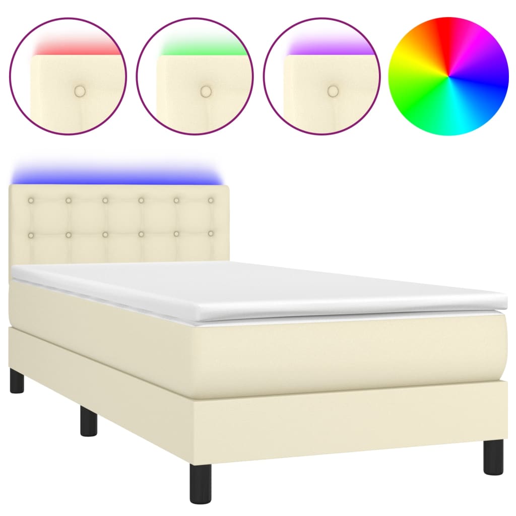 Krevet box spring s madracem LED krem 90x190 cm od umjetne kože