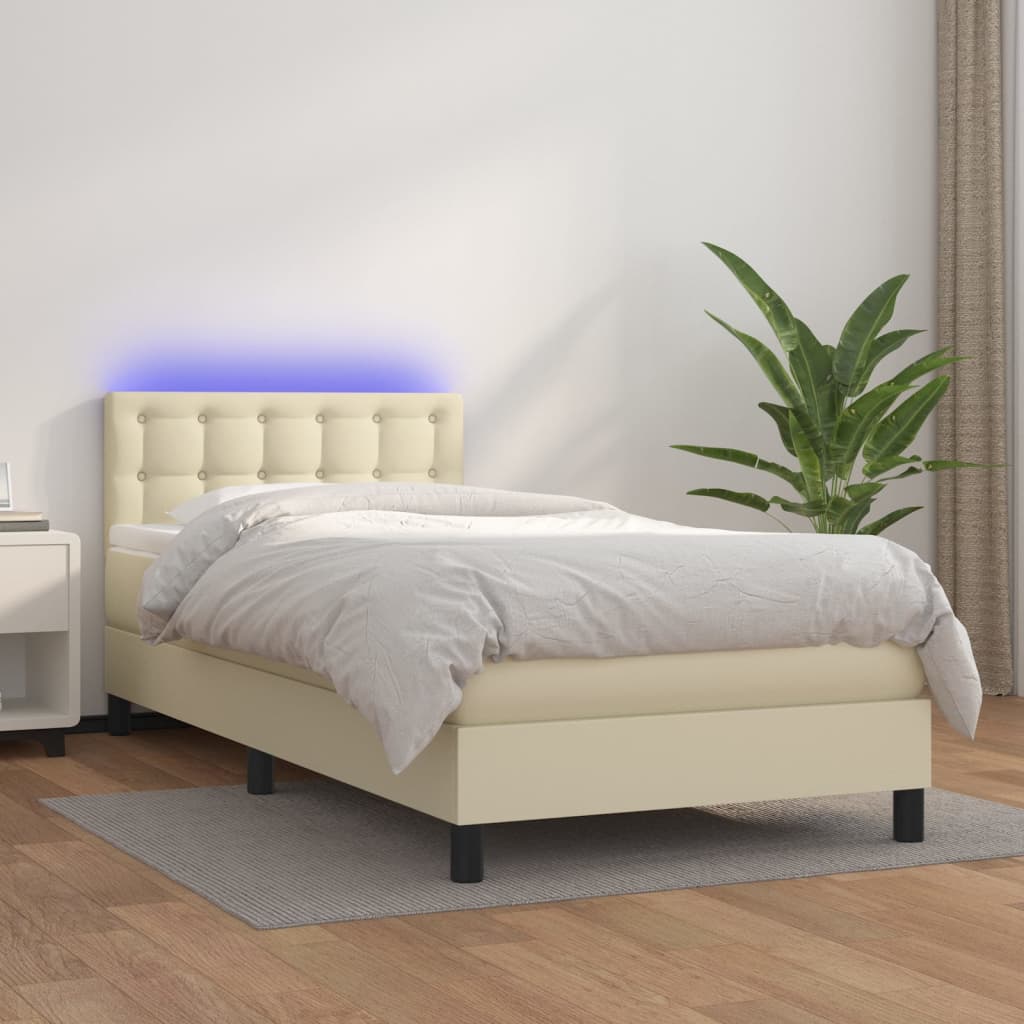 Krevet box spring s madracem LED krem 90x190 cm od umjetne kože