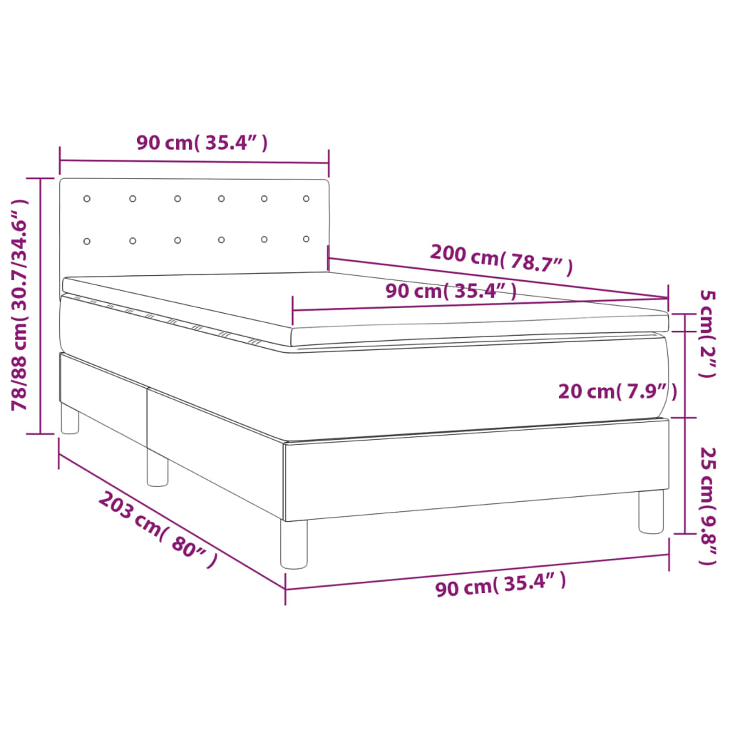 Krevet box spring s madracem LED sivi 90x200 cm od umjetne kože