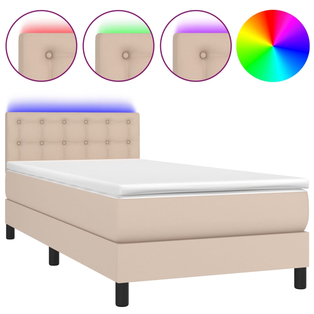 Krevet box spring madrac LED cappuccino 90x200cm umjetna koža