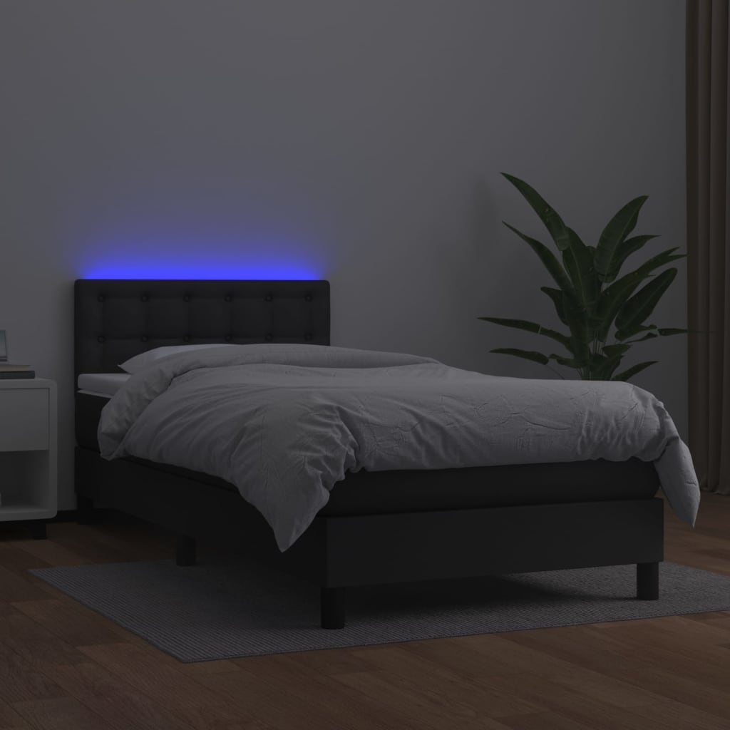 Krevet box spring s madracem LED crni 100x200cm od umjetne kože