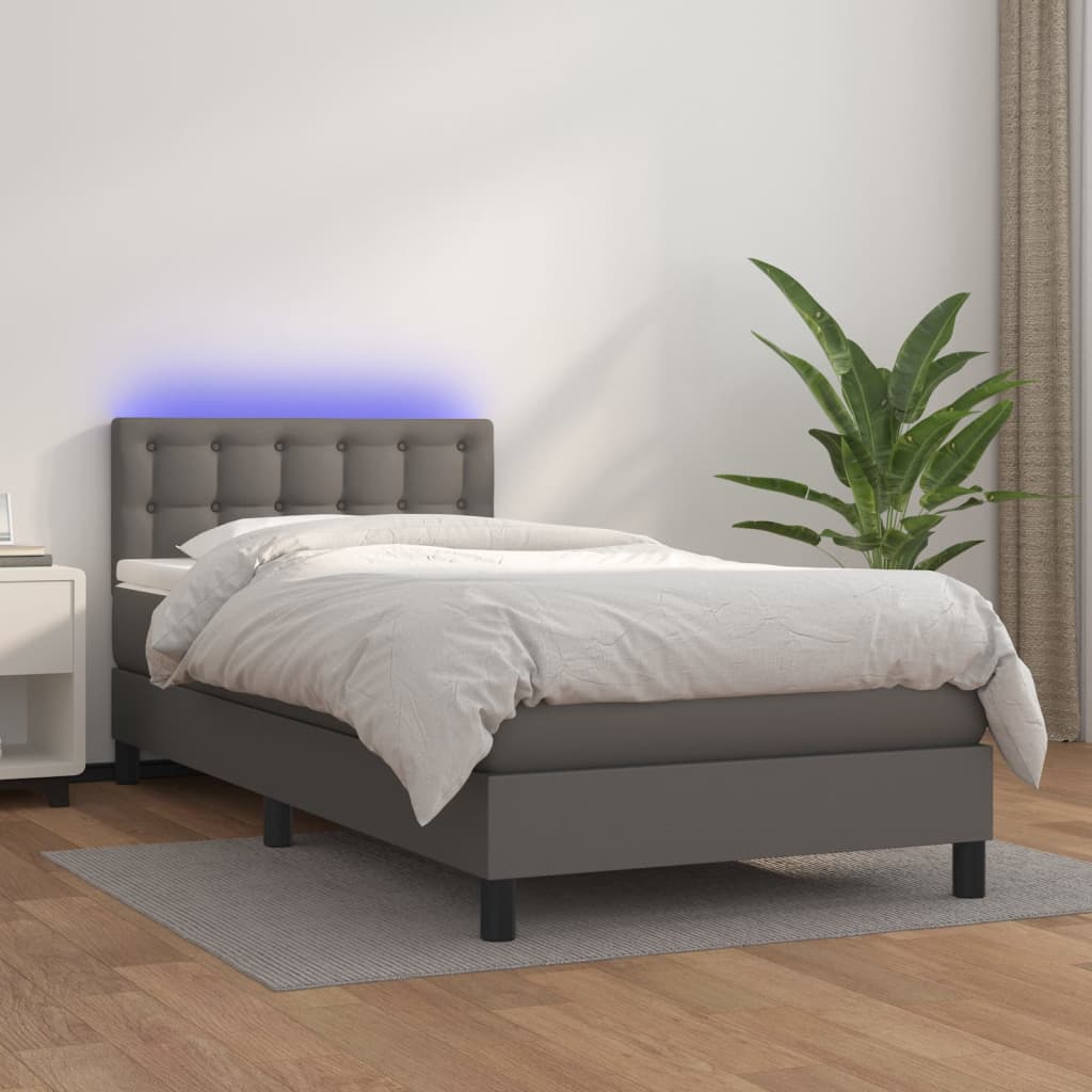 Krevet box spring s madracem LED sivi 100x200cm od umjetne kože