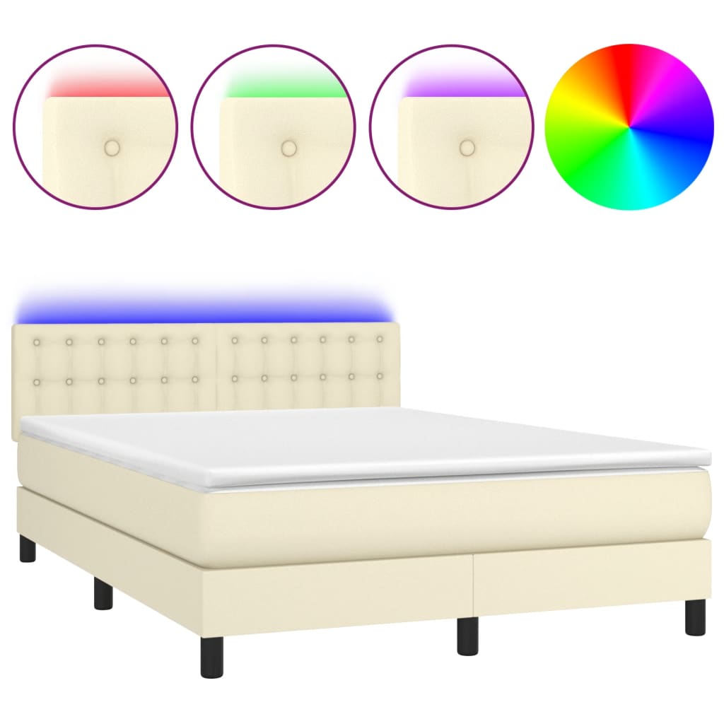 Krevet box spring s madracem LED krem 140x190cm od umjetne kože