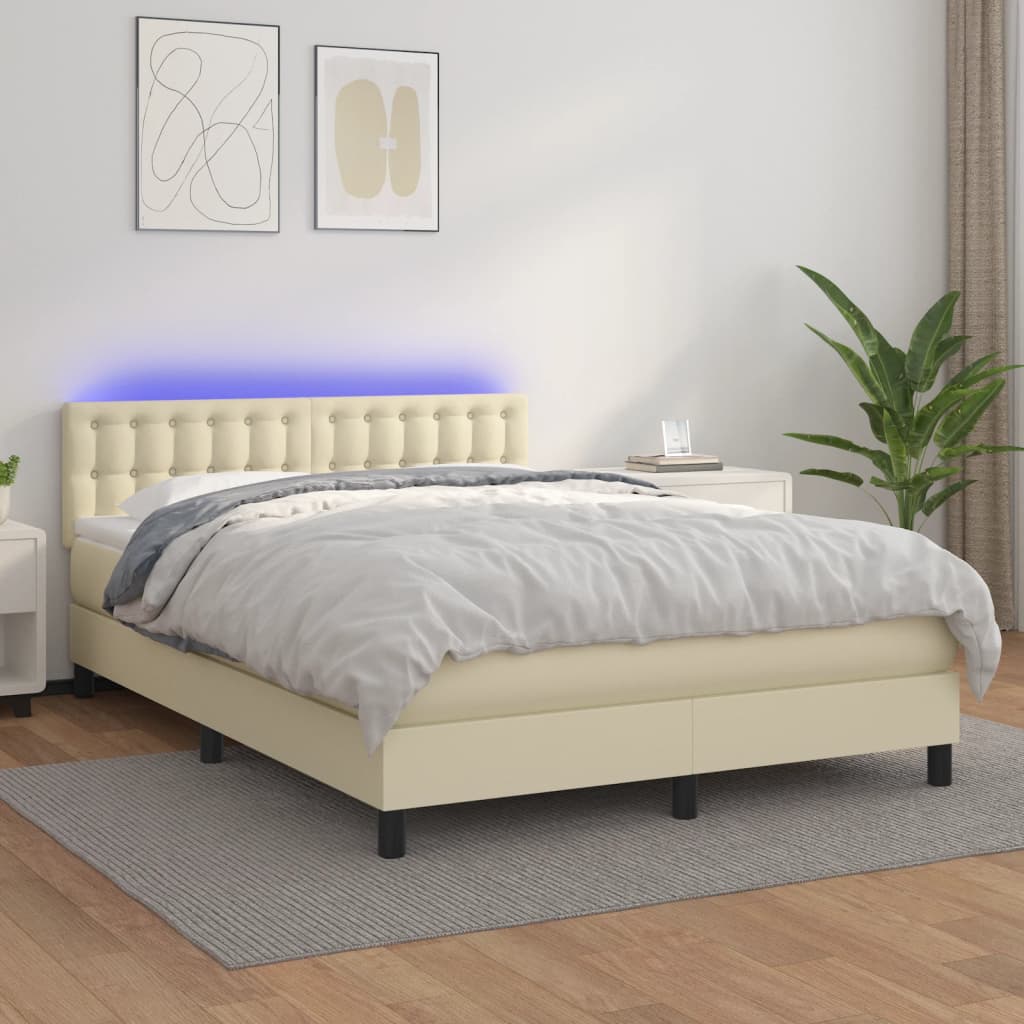 Krevet box spring s madracem LED krem 140x190cm od umjetne kože