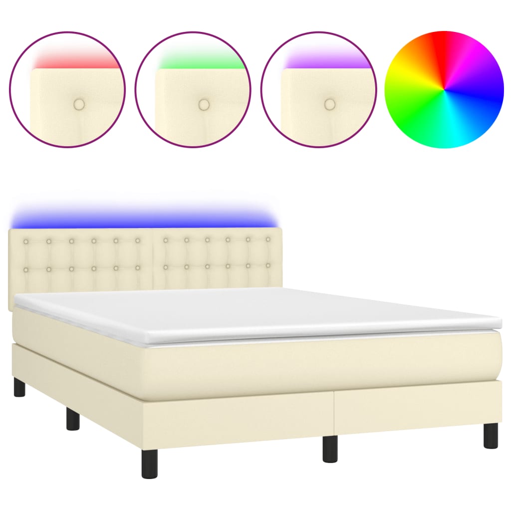 Krevet box spring s madracem LED krem 140x200cm od umjetne kože