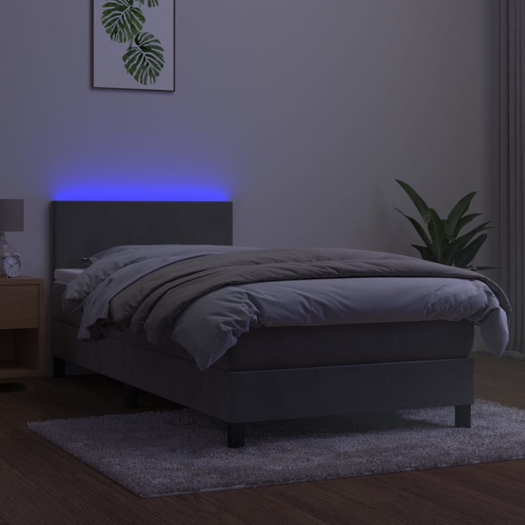 Krevet box spring s madracem LED svjetlosivi 90x190 cm baršun