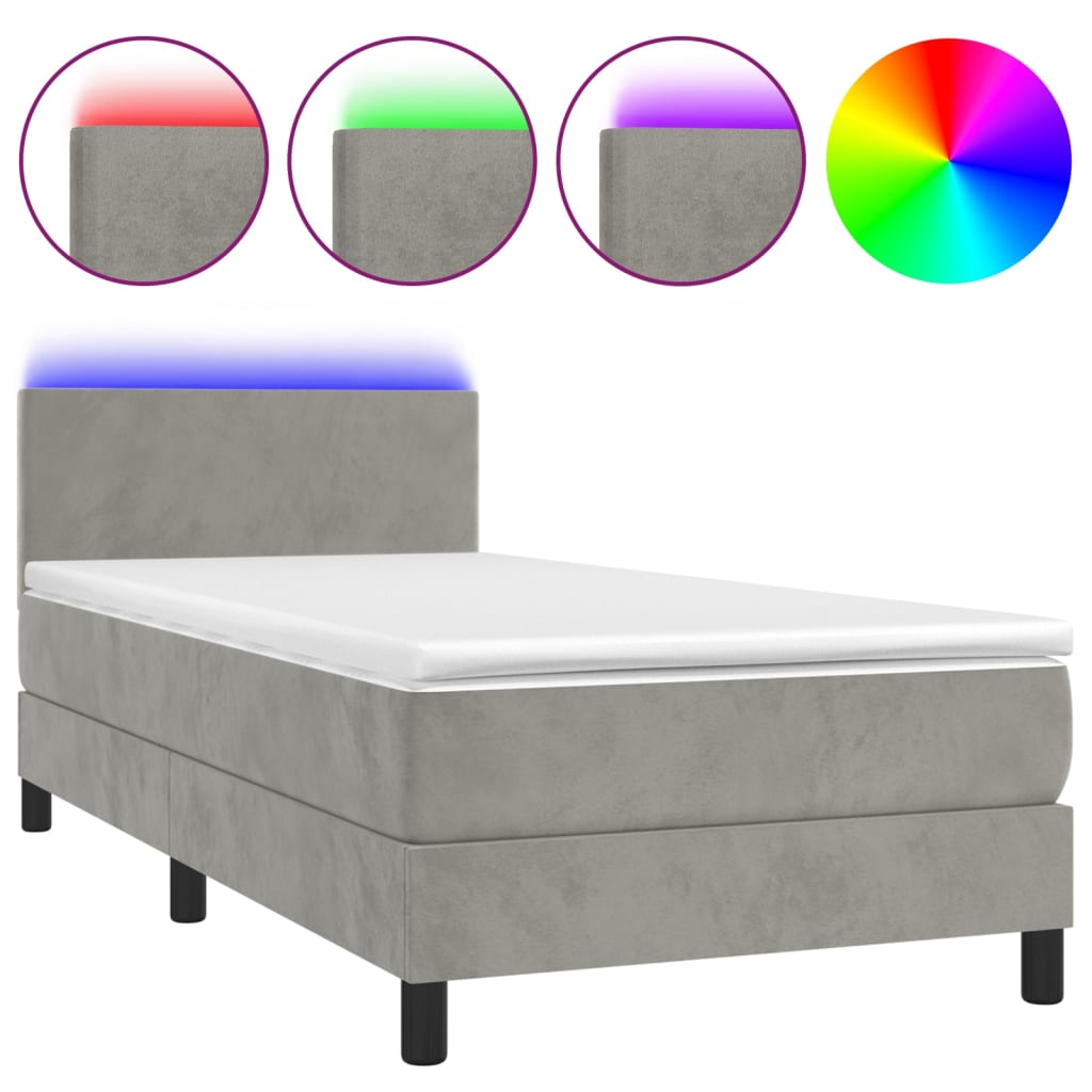 Krevet box spring s madracem LED svjetlosivi 90x200 cm baršun