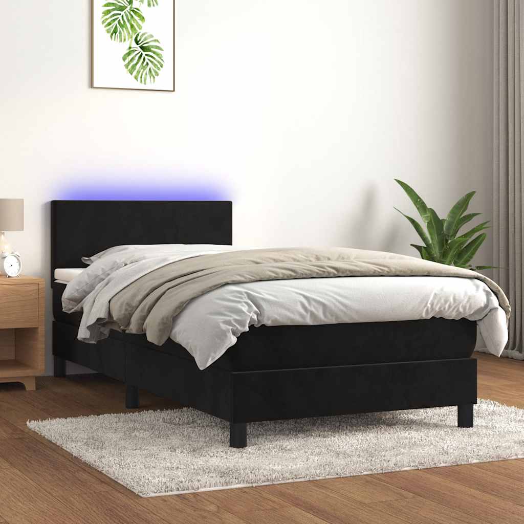Krevet box spring s madracem LED crni 90x200 cm baršun
