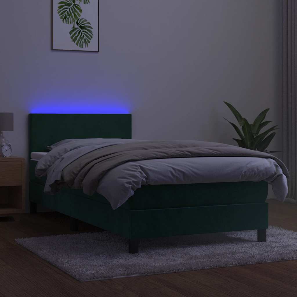 Krevet box spring s madracem LED tamnozeleni 90x200 cm baršun