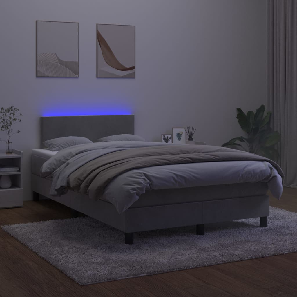Krevet box spring s madracem LED svjetlosivi 120x200 cm baršun