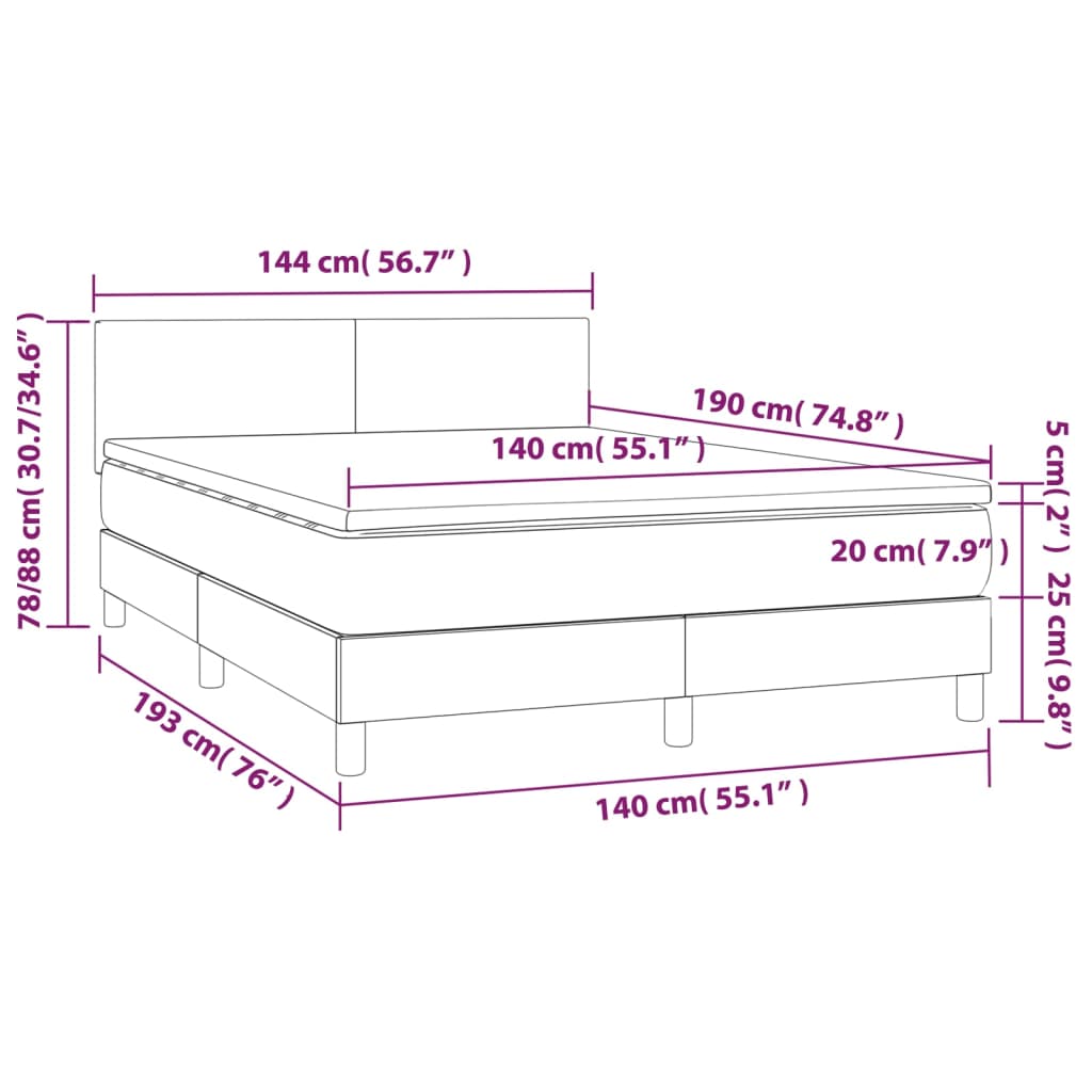 Krevet box spring s madracem LED svjetlosivi 140x190 cm baršun